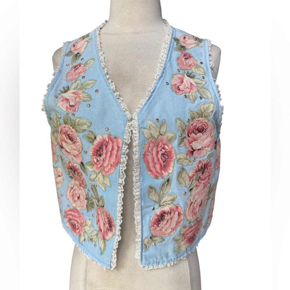 1990s Rose Appliqué w/Glitter Trim Cotton Blend Lace Trim Rhinestone Prong Set E